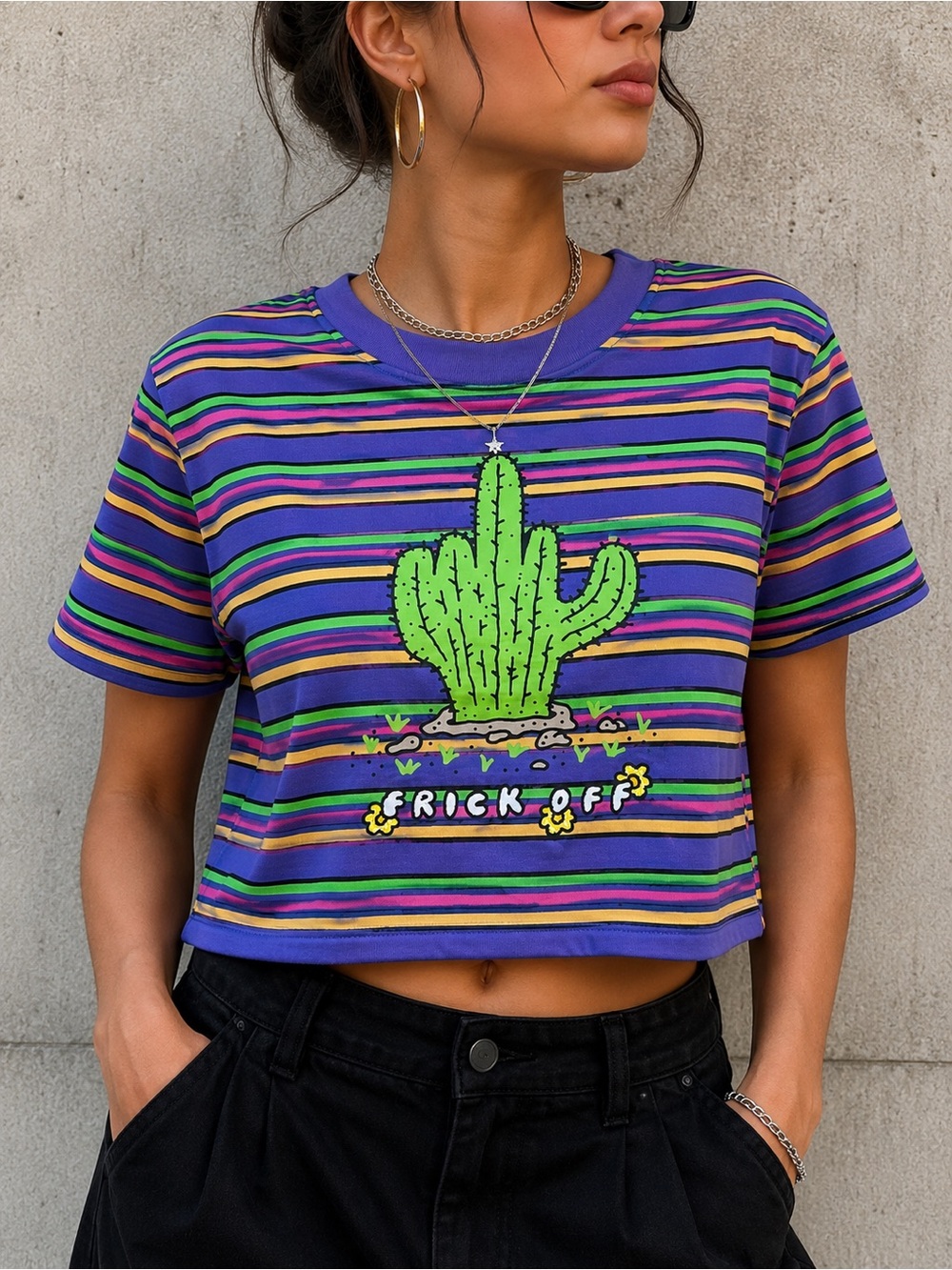 aLAB | 🌵 Striped Cactus Graphic Crop Tee | “Frick Off” Streetwear T-Shirt